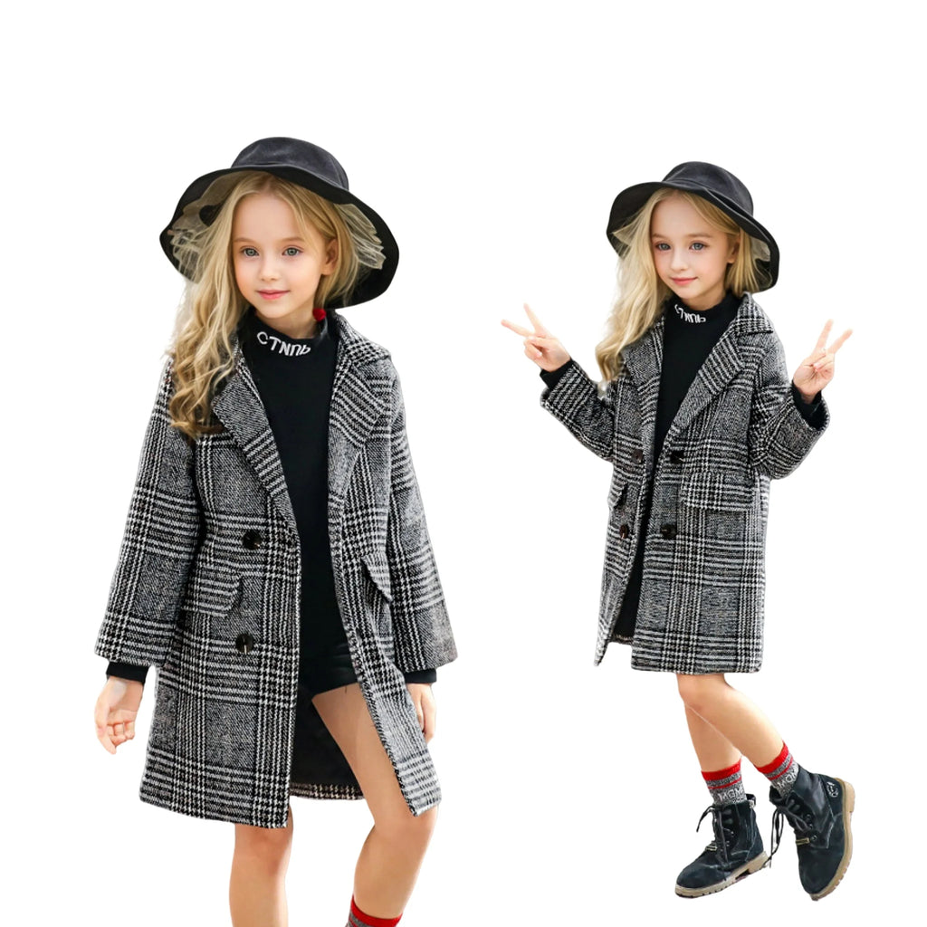 Meninas houndstooth inverno casaco de lã quente adolescente crianças fotografia casaco de lã escola crianças à prova de vento jaqueta ao ar livre 4-13y