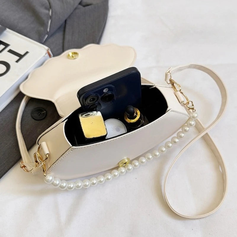 Francês pérola corrente bolsa feminina concha moda bolsa de ombro couro do plutônio bolsa embreagem novidade sólido chique hobo saco pequena mochila