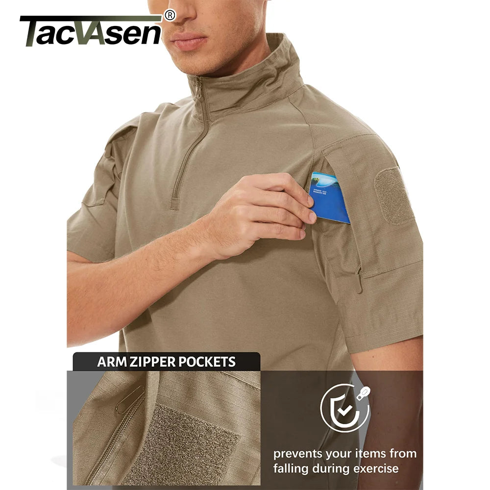 Tacvasen-camiseta de manga curta com bolsos com zíper para homens, roupas de estilo safári, cor sólida, para caminhadas e trabalho, para o verão