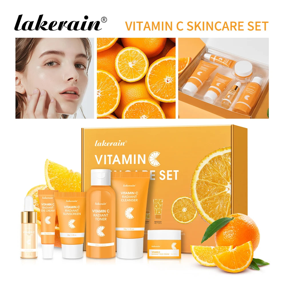 Lakerain vitamina c conjunto de cuidados com a pele 6 pçs kit creme de clareamento manchas escuras soro círculo escuro olho hidratante facial kits de clareamento
