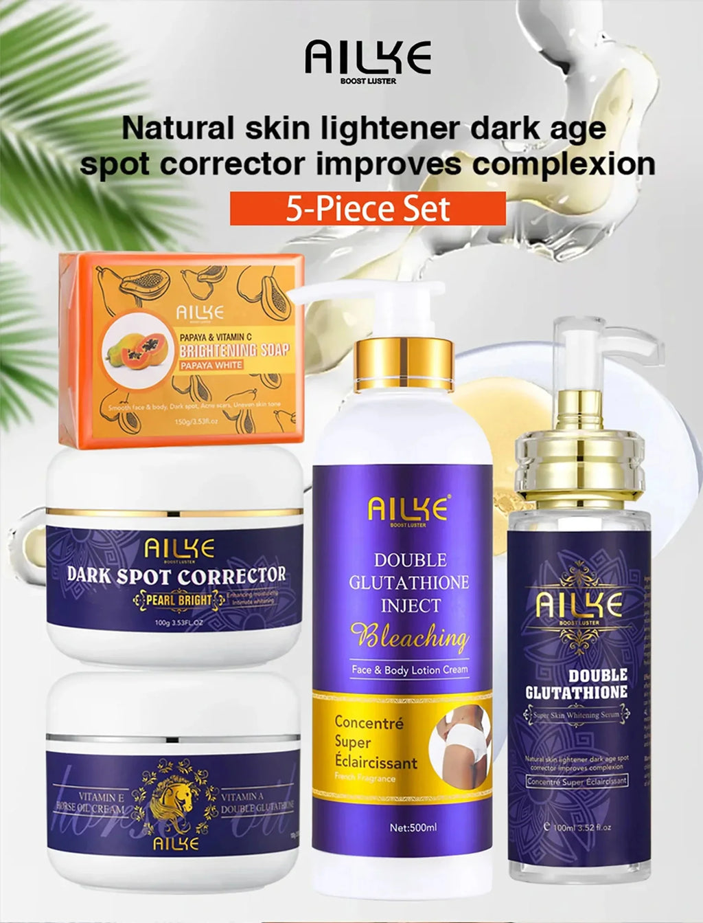 AILKE Clareador de cuidados com a pele, com glutationa dupla, clareador, hidratante, remove manchas escuras, melanina, cuidados faciais brilhantes da pele