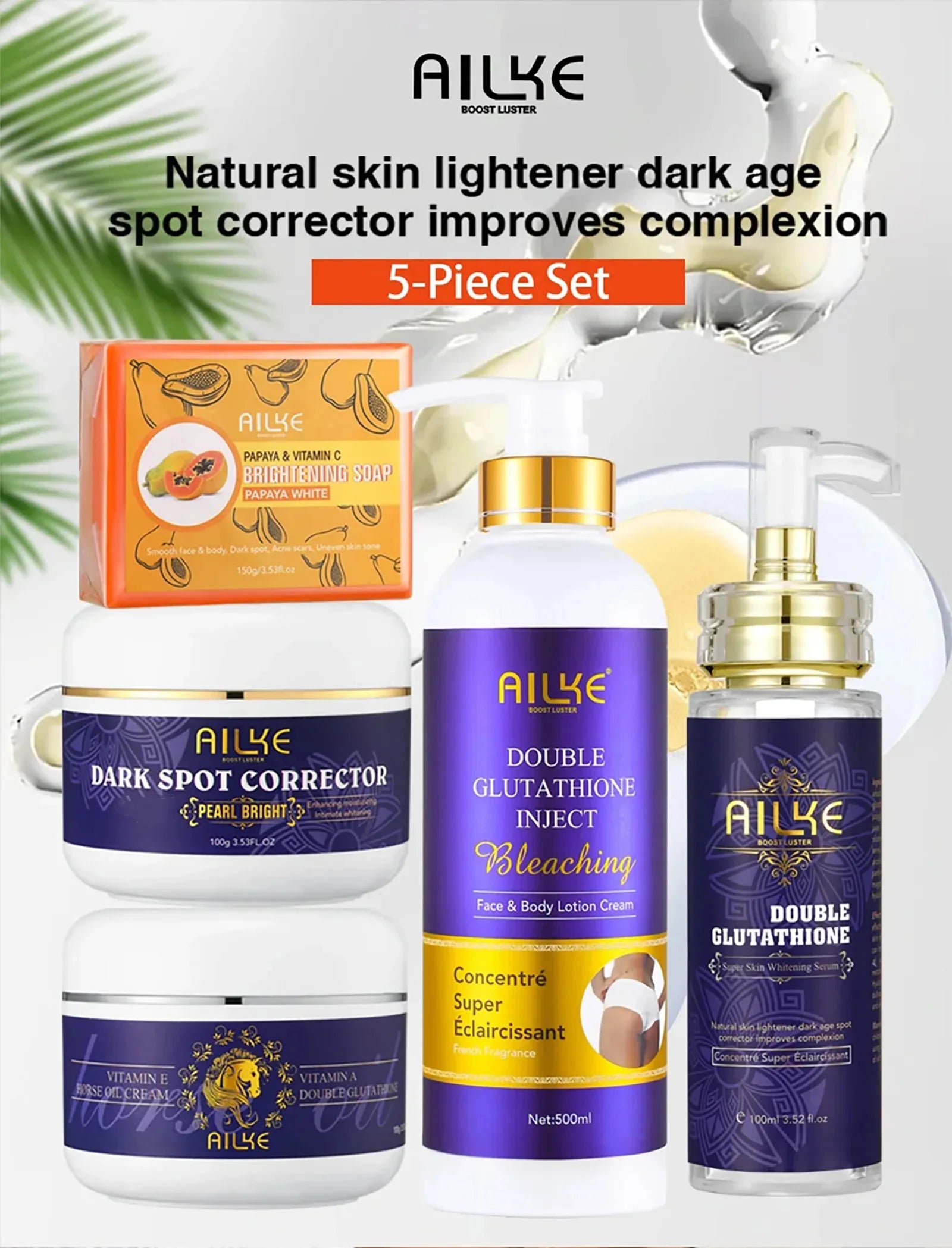 AILKE Clareador de cuidados com a pele, com glutationa dupla, clareador, hidratante, remove manchas escuras, melanina, cuidados faciais brilhantes da pele