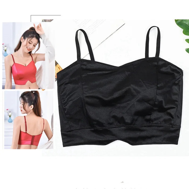 Sexy tops de cetim para mulheres, bralette sem fio, top de crochê, alça de espaguete feminina, camiseta cortada com peito, camisola acolchoada