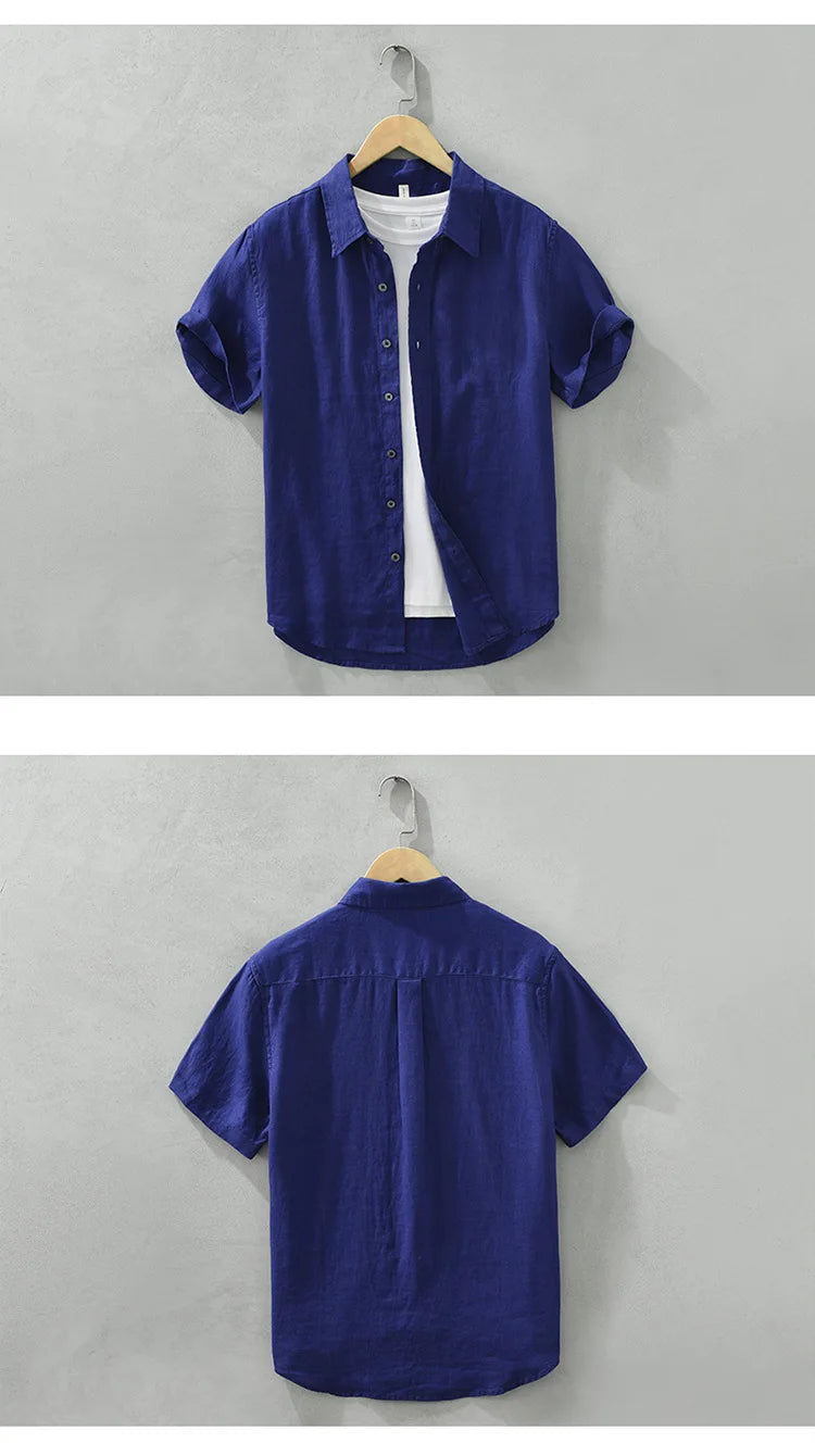 Camisa de linho de manga curta masculina, camisa respirável solta, camisa casual artística, monocromática, verão
