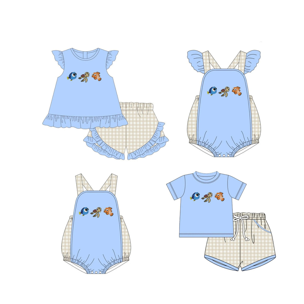 Conjunto de Roupas para Bebê em Estilo Boutique com Estampa de Peixes em Xadrez Verde para Meninos e Meninas