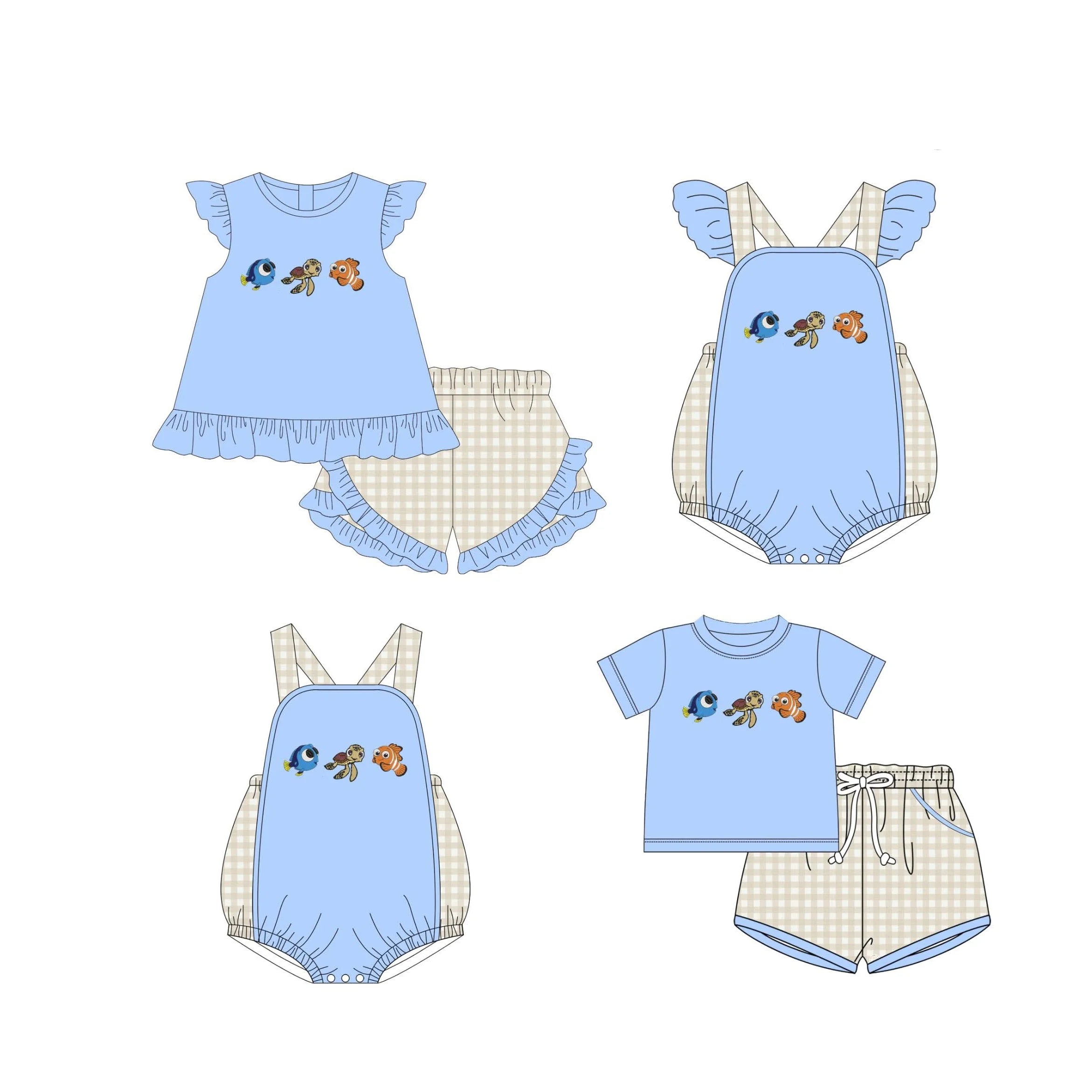 Conjunto de Roupas para Bebê em Estilo Boutique com Estampa de Peixes em Xadrez Verde para Meninos e Meninas