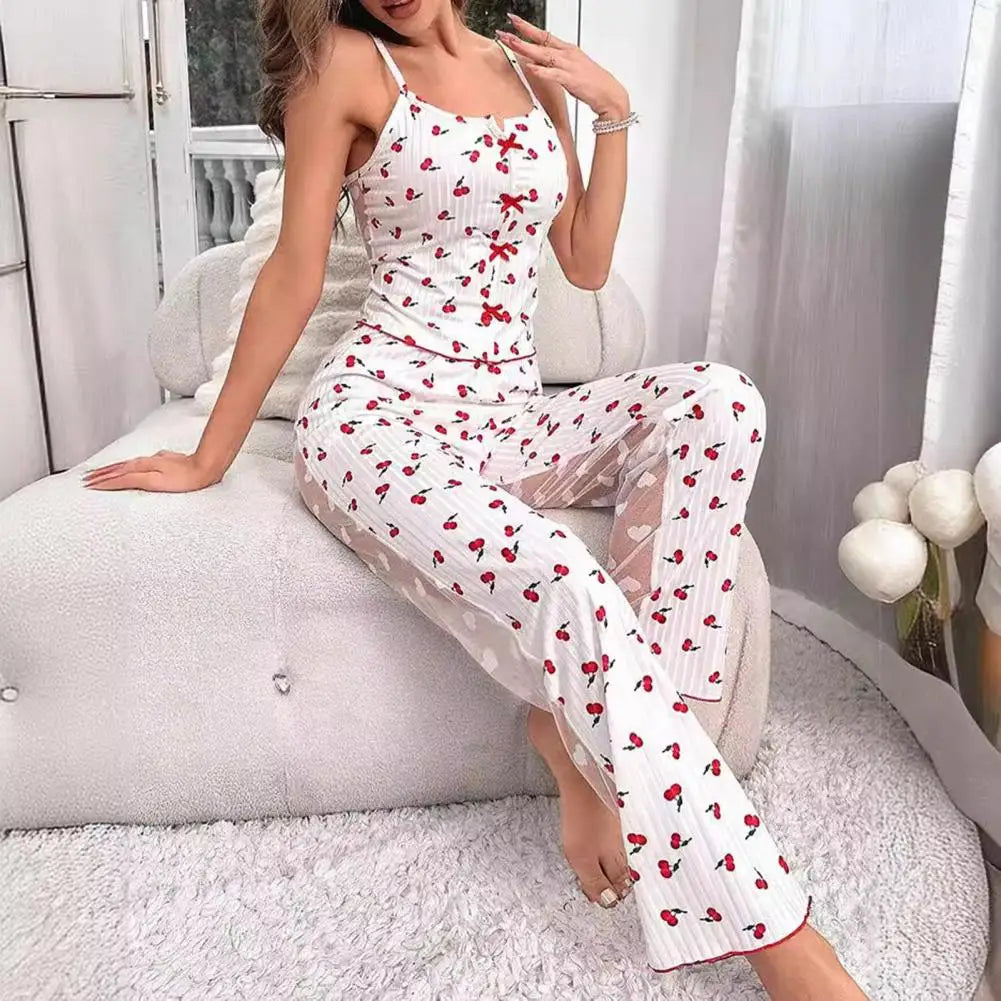 2 pçs/set feminino colete calças terno arco coração impressão sem mangas shirring borda superior malha retalhos calças homewear roupa de dormir