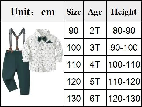 Camisa estampada às bolinhas com calças sólidas para meninos, conjunto de arco suspensor infantil, roupa de cavalheiro, traje de aniversário, 2 a 6 anos, primavera