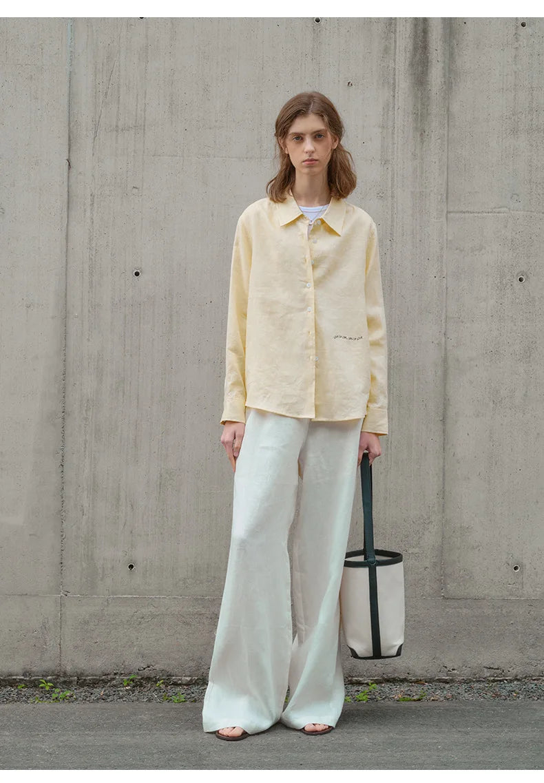 Camisa Feminina 100% Linho 2026 Nova Coleção Primavera Verão Casual com Gola Lapela Cardigã Protetor Solar Bordado Manga Longa Branca