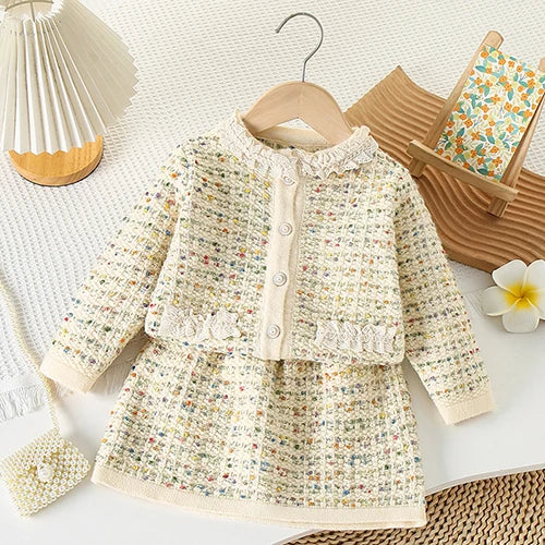 2025 novo outono 0-5yrs bebê meninas conjunto de roupas manga comprida malha cardigan casaco + saia curta crianças roupas de malha terno