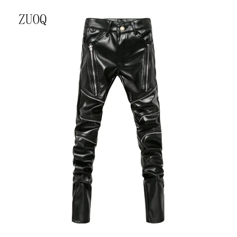 Novo inverno dos homens magro motociclista calças de couro do plutônio alta rua moda motocicleta para masculino palco club wear