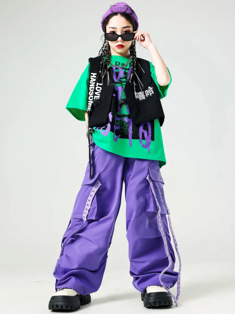 Conjunto de camiseta e calças infantis legais, trajes de jazz, Hip Hop Streetwear, roupas femininas, moda feminina, corredores de rua, colete infantil
