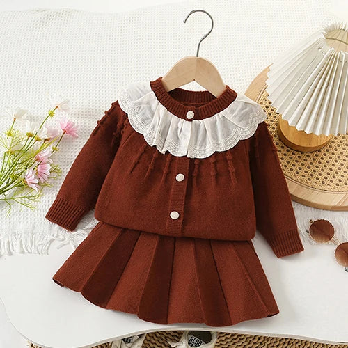 2025 novo outono 0-5yrs bebê meninas conjunto de roupas manga comprida malha cardigan casaco + saia curta crianças roupas de malha terno