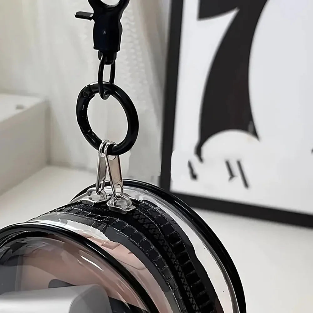 Mini saco de armazenamento com zíper transparente, chaveiro portátil, boneca de desenho animado, organizador de brinquedos para fones de ouvido, carregadores, cabo de dados, sacos de presente
