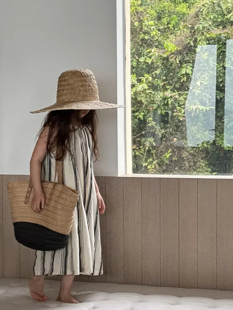 Crianças roupas meninas vestido sem mangas nova moda verão 2025 estilo coreano listra vertical francês retro vestido de férias