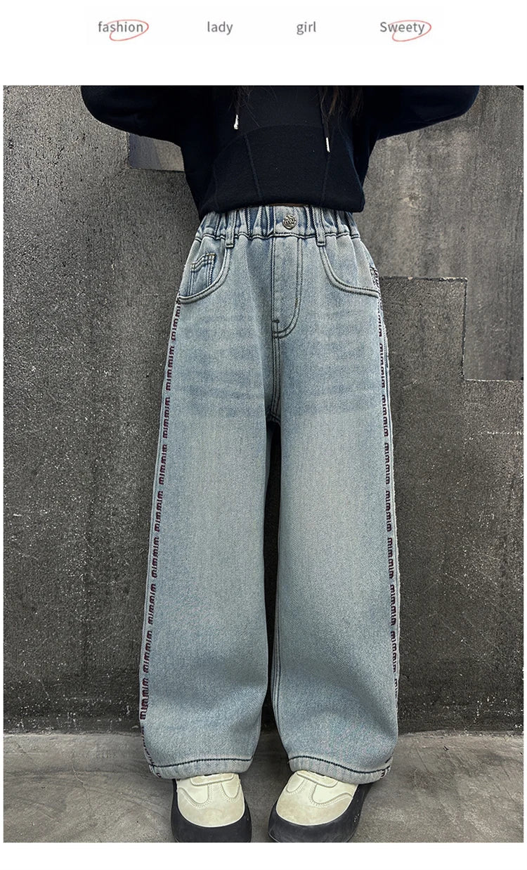 Crianças inverno calças de brim térmicas para meninas estilo casual em linha reta solta jeans grossos com lã forrado crianças calças jeans quentes