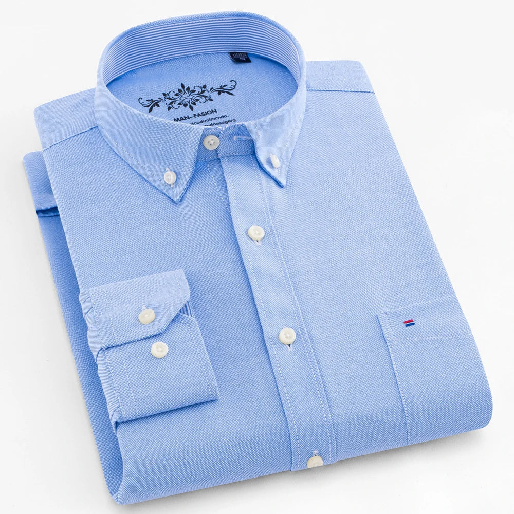 Camisa casual de trabalho listrada xadrez oxford de manga comprida masculina com bolso, camisas de botão de ajuste regular de mistura de algodão primavera outono
