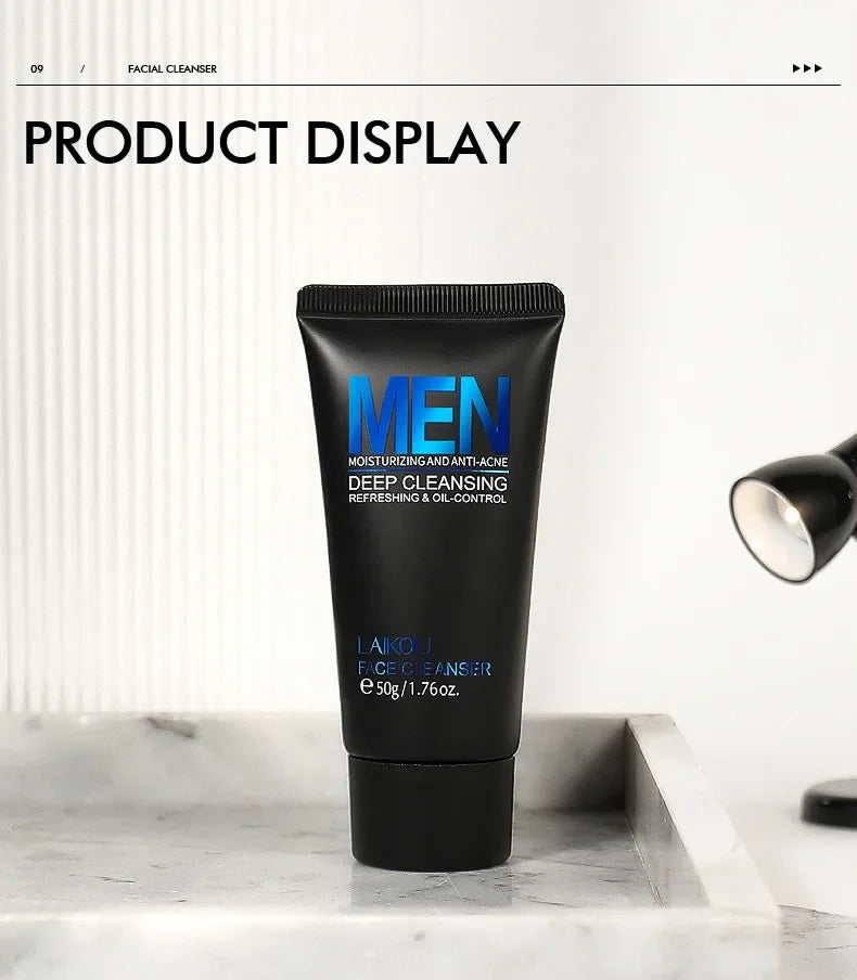LAIKOU Limpador Facial Masculino 50g Limpeza Profunda Controle de Oleosidade Anti Acne Refrescante Hidratante Para Cuidados com a Pele Masculina