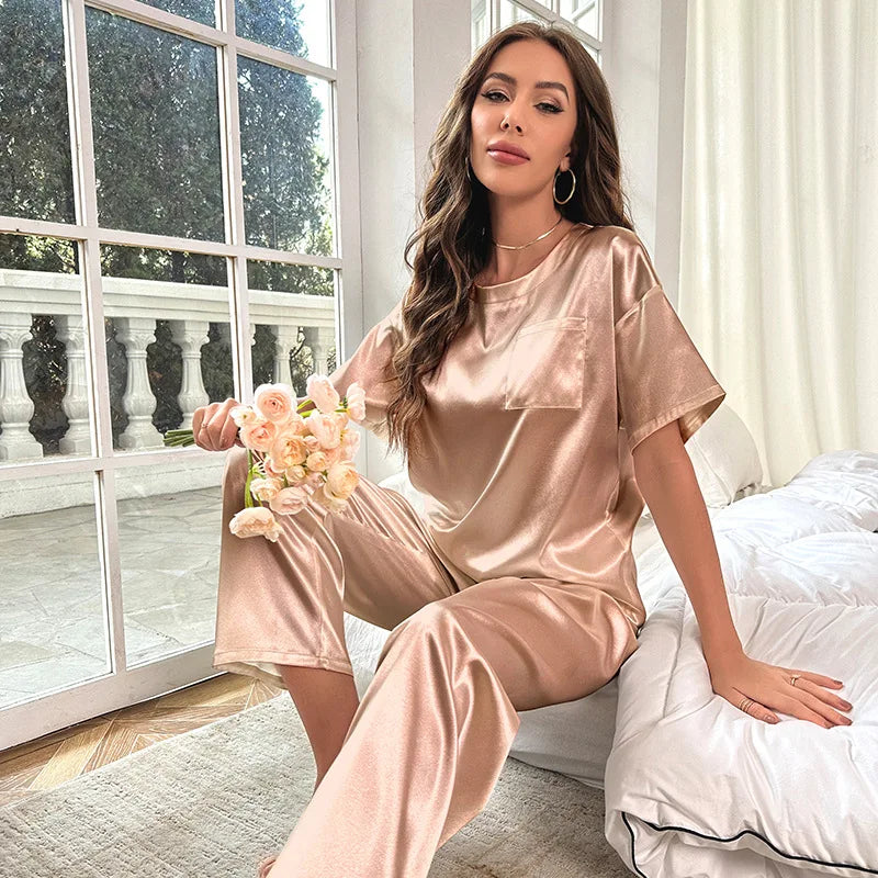 Pijamas de seda para mulheres casa terno de manga curta calças compridas pijama duas peças conjunto cetim pijamas pijamas mujer loungewear