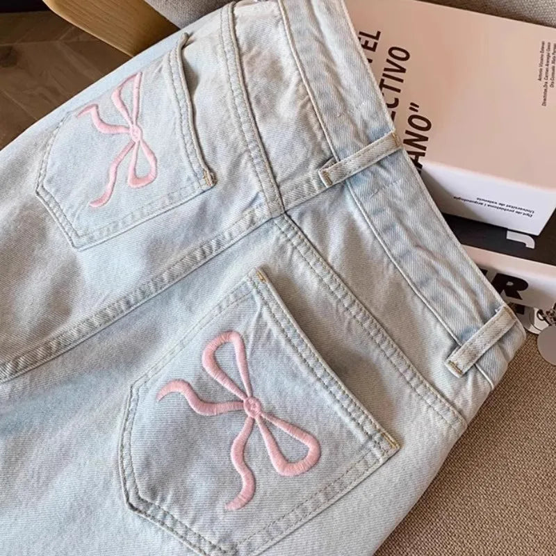 Mulheres casual solto ajuste jeans calças relaxadas cintura alta perna larga lavagem leve bordado plus size conforto jeans feminino