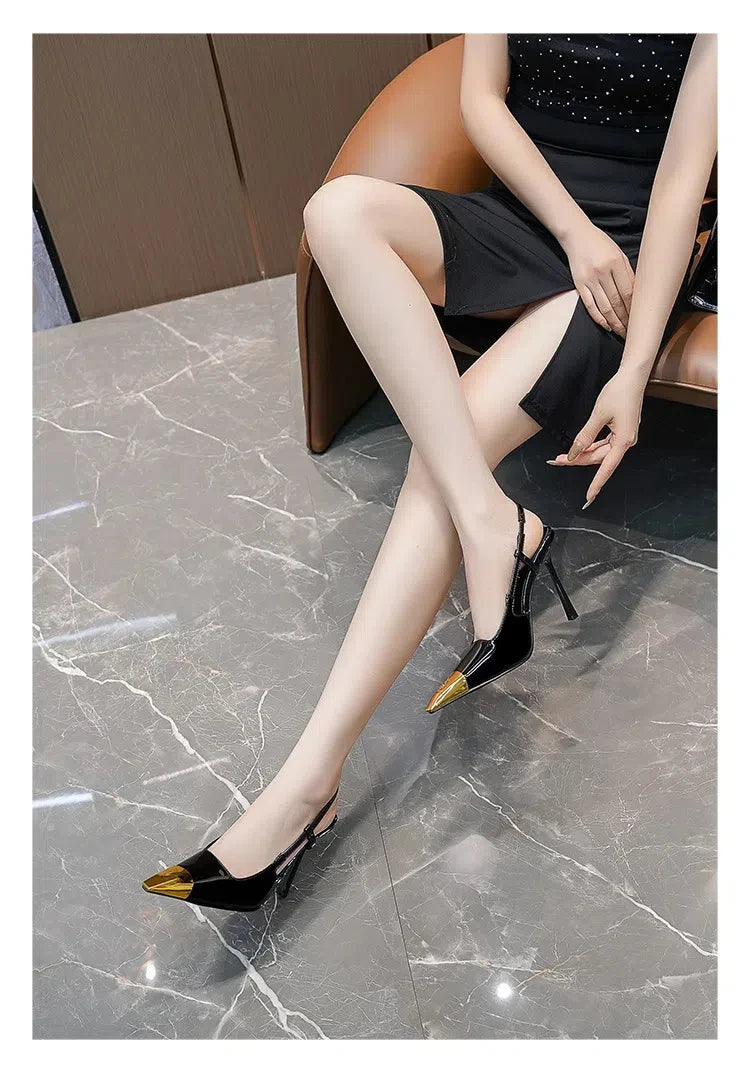 Novo verão sandálias femininas de salto alto ouro cabeça de ferro couro patente preto stiletto cabeça quadrada dedo do pé fechado estilingue volta sapatos