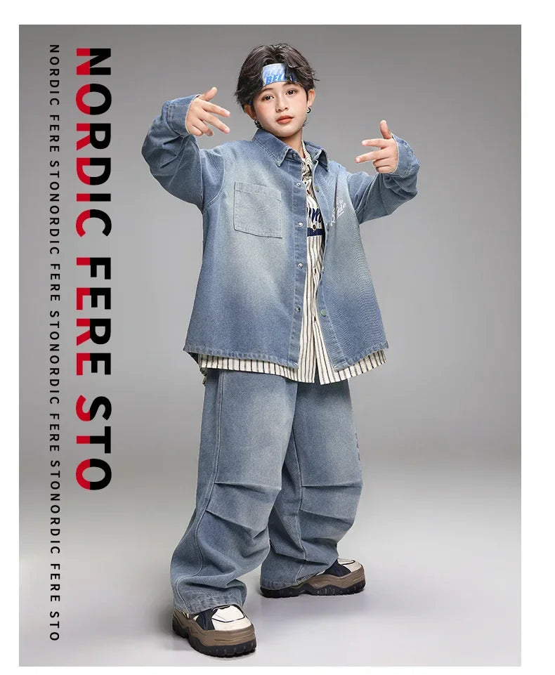 Crianças menino menina solta casual streetwear moda hip hop crianças denim camisa calça jeans define ternos agasalho roupas de palco traje