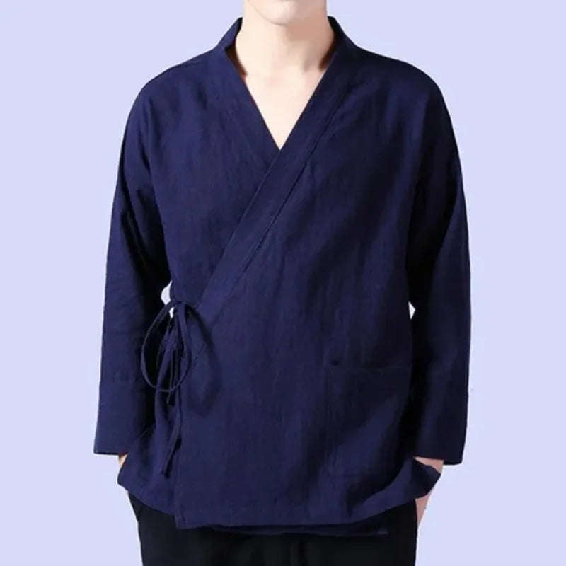 Colete de linho masculino camisa masculina de manga comprida gola oficial chinesa tradicional kung fu tang camisa social casual plus size