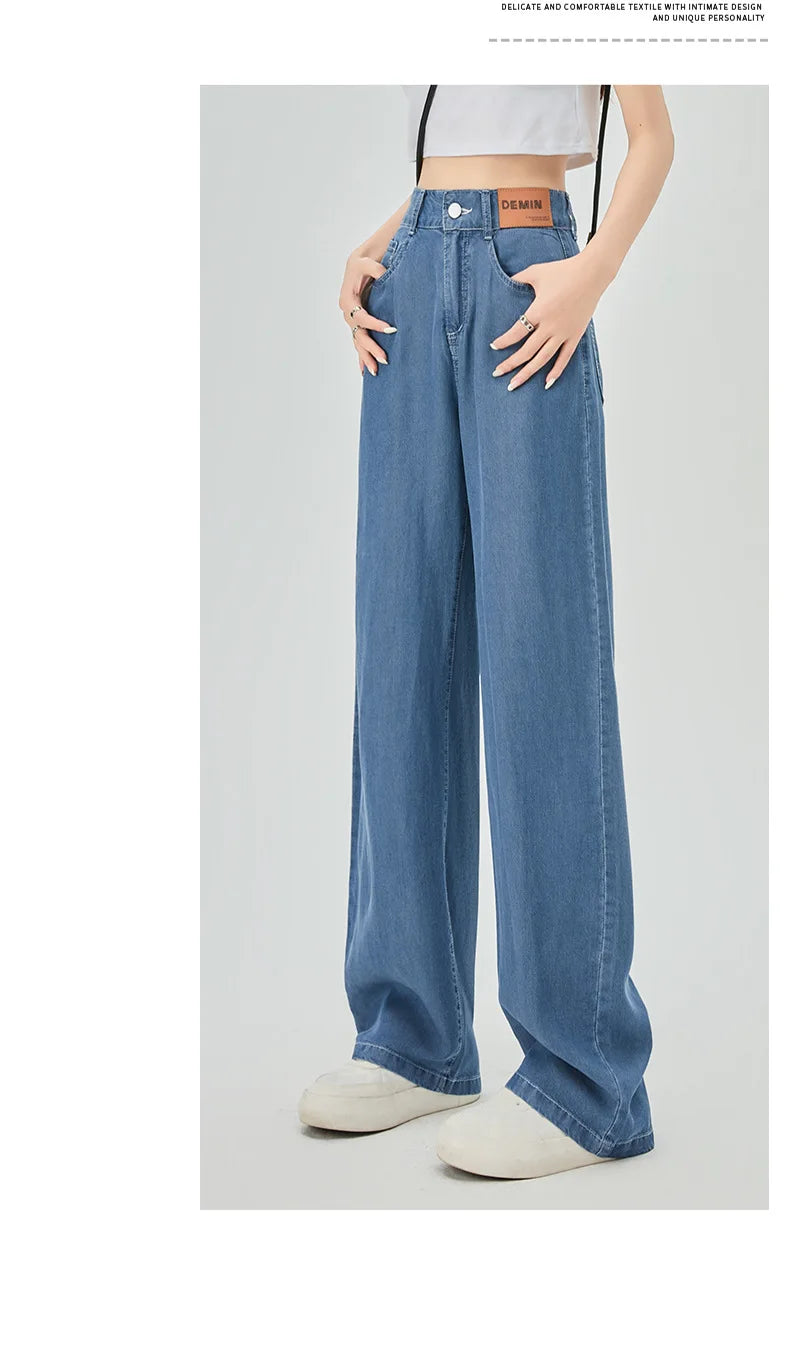 Jeans de cintura alta de seda gelo feminino, verão, azul, solto, perna larga, elegante, simples, lazer, todos os fósforos, diário, na moda, chique, moda coreana