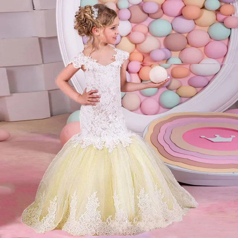 Bebê flor menina vestido crianças rendas longo noite crianças vestidos para casamento bridesmade baile de formatura sereia vestido festa formal vestidos de baile