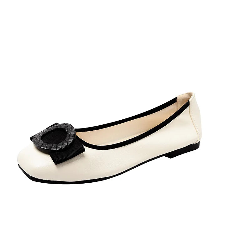Sapatilhas de couro feminino, bombas de dedo do pé redondo, mocassins senhora do escritório, doce bowknot, sola macia, plus size, 43, 44