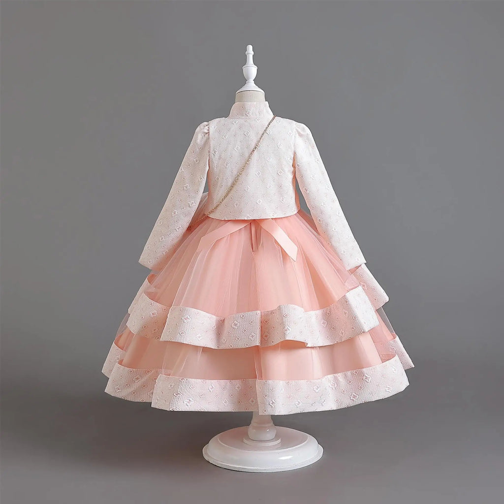 Novo outono/inverno vestido de festa de manga longa elegante menina bordado vestido de desempenho de natal saco de presente para crianças de 3 a 11 anos
