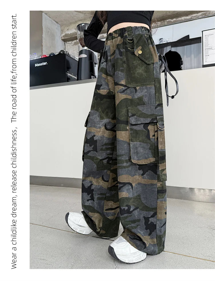 Crianças baggy camuflagem calças de carga com bolso para a menina streetwear y2k camo calças crianças harajuku coreano hip hop sweatpants