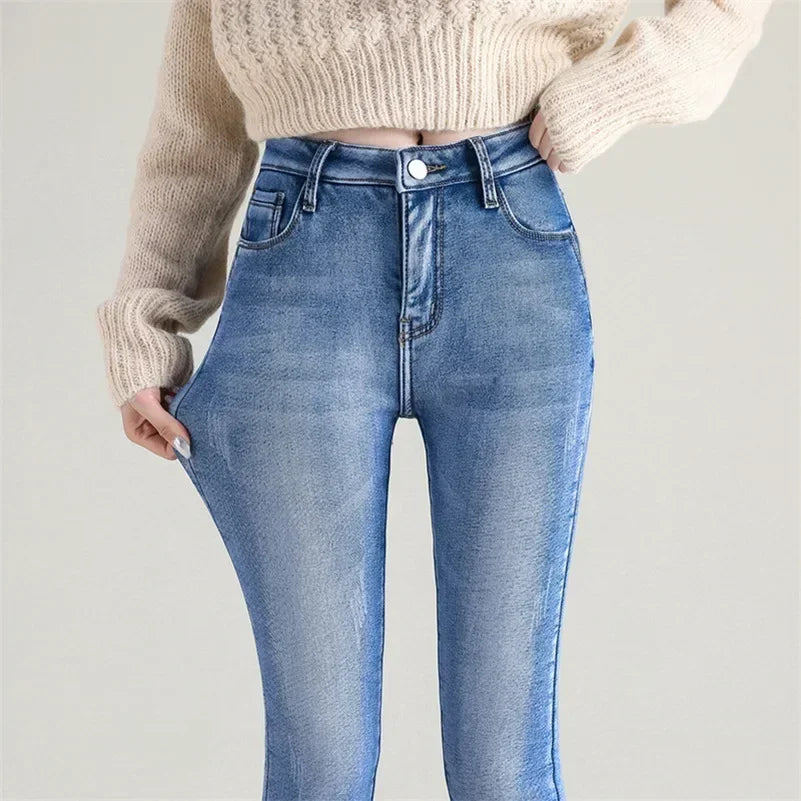 Inverno senhora térmica quente jeans de pelúcia magro estiramento jeans senhora fino ajuste lápis calças meninas perna reta denim