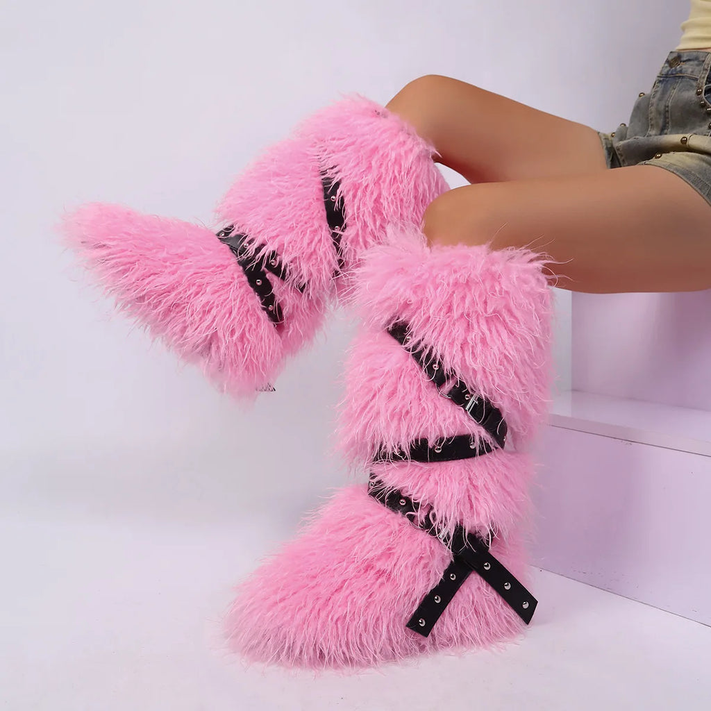 Botas femininas felpudas até o joelho |   Calçado de inverno com detalhes multi-fivela, texturas de leopardo e shearling