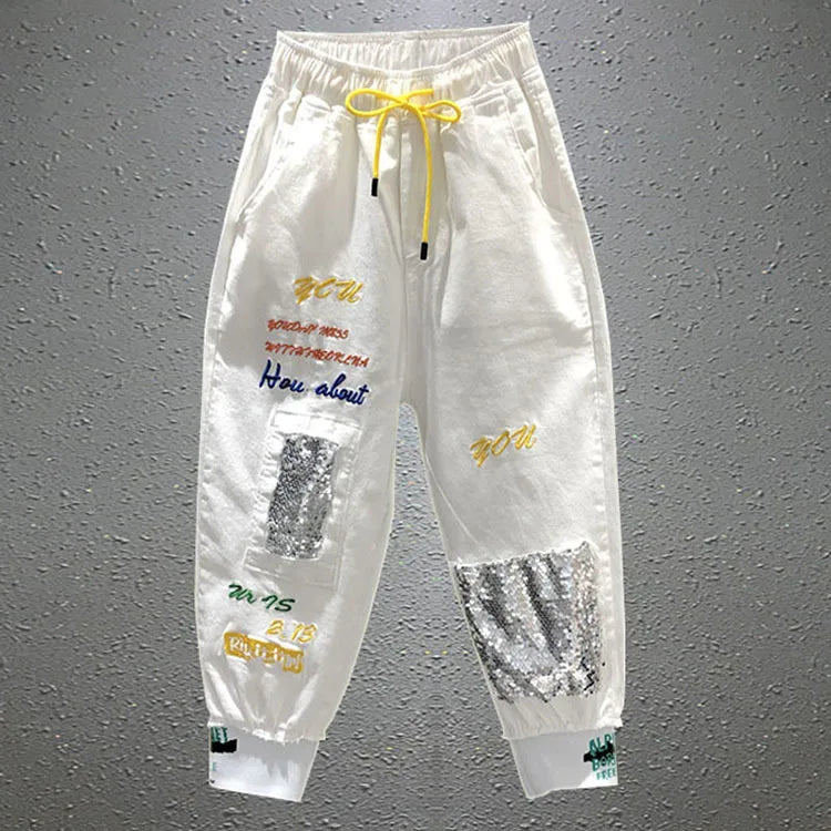 Jeans rasgado feminino, calça estampada com letras de rock feminino, calça de verão, Capris BF Jeans, rua alta, novo