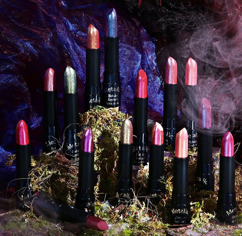 Diamante rosa batom metálico glitter batom à prova dwaterproof água brilhante perolado azul escuro vermelho fosco brilho labial halloween lábios maquiagem