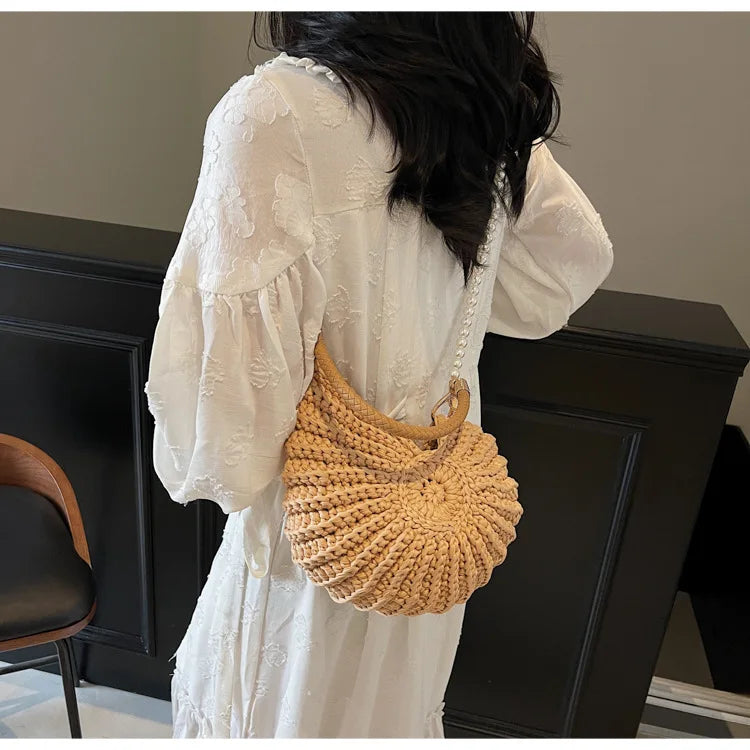 Criativo concha em forma de crochê feminino ombro sacos engraçado bonito pérolas correntes artesanal tecer crossbody saco novidade pequenas bolsas