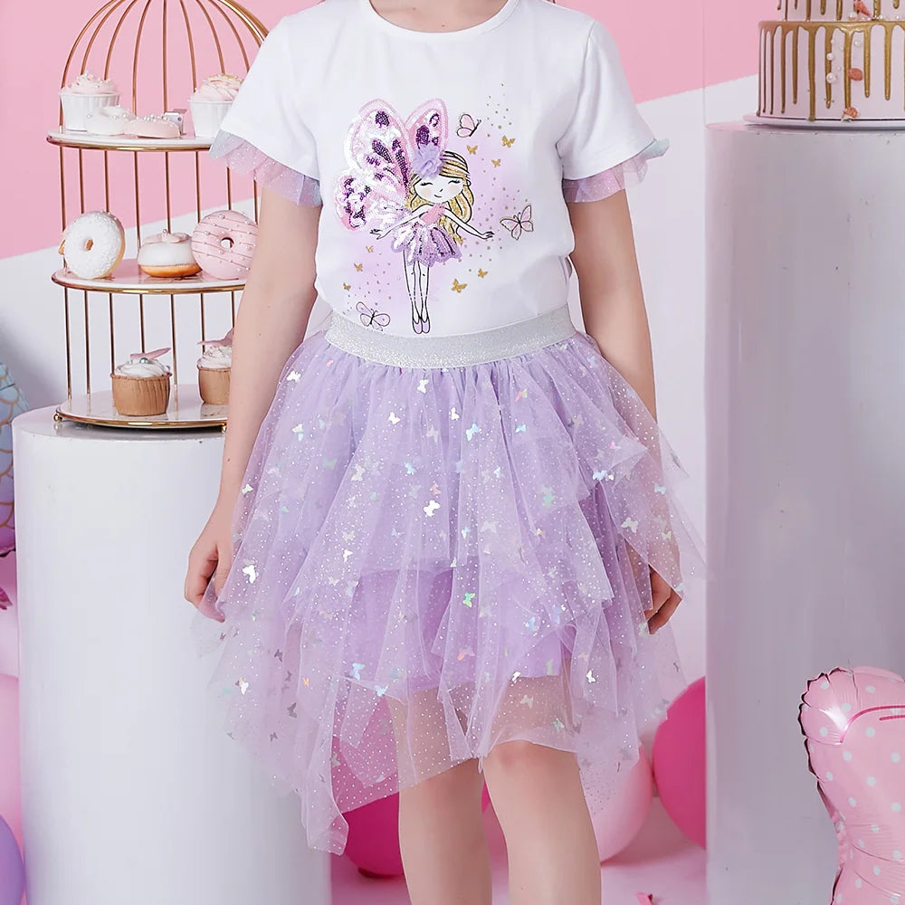 Vikita meninas borboleta lantejoulas tutu vestido crianças malha tule irregular roxo casual princesa festa de formatura vestido crianças roupas