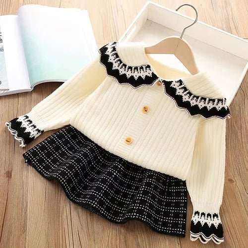 2025 novo outono 0-5yrs bebê meninas conjunto de roupas manga comprida malha cardigan casaco + saia curta crianças roupas de malha terno