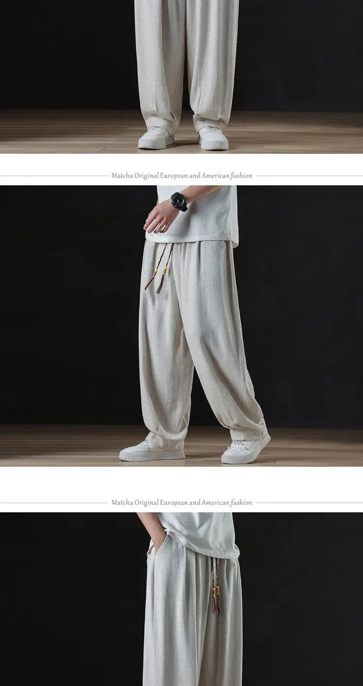 Calça masculina casual de linho verão leve solta de perna reta