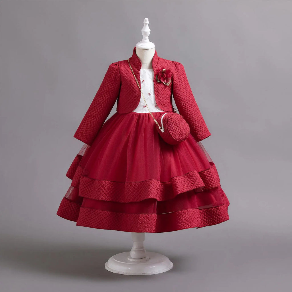 Novo outono/inverno vestido de festa de manga longa elegante menina bordado vestido de desempenho de natal saco de presente para crianças de 3 a 11 anos