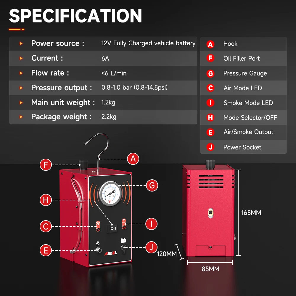 Ancel s200 evap detector de vazamento de fumaça para carro motocicleta máquina de fumaça ferramenta diagnóstico testador vácuo óleo combustível tubo vazamento localizador