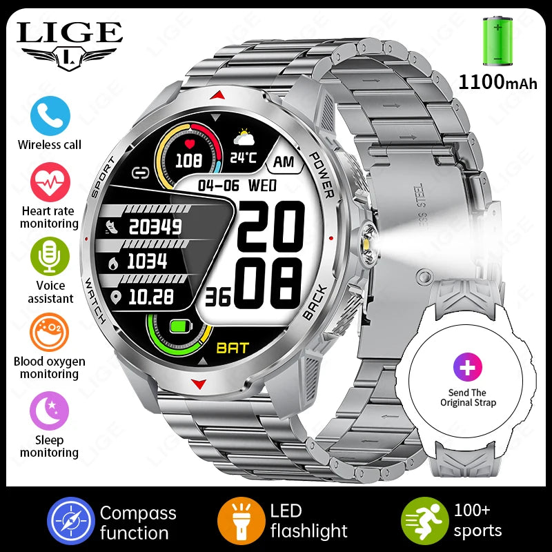Relógios Inteligentes LIGE Novos com Bateria de 1100mAh para Homens, Esportes ao Ar Livre, Lanterna LED, Bússola, Relógio Inteligente Masculino com Chamada Bluetooth