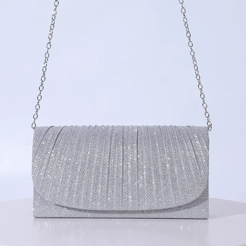 Bolsa de Noite Prateada com Glitter para Mulheres, Elegante e Fashion, Bolsa Longa com Cadeado, Clutch para Casamentos e Festas