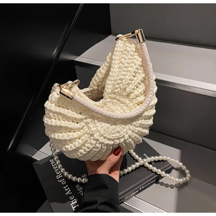 Criativo concha em forma de crochê feminino ombro sacos engraçado bonito pérolas correntes artesanal tecer crossbody saco novidade pequenas bolsas
