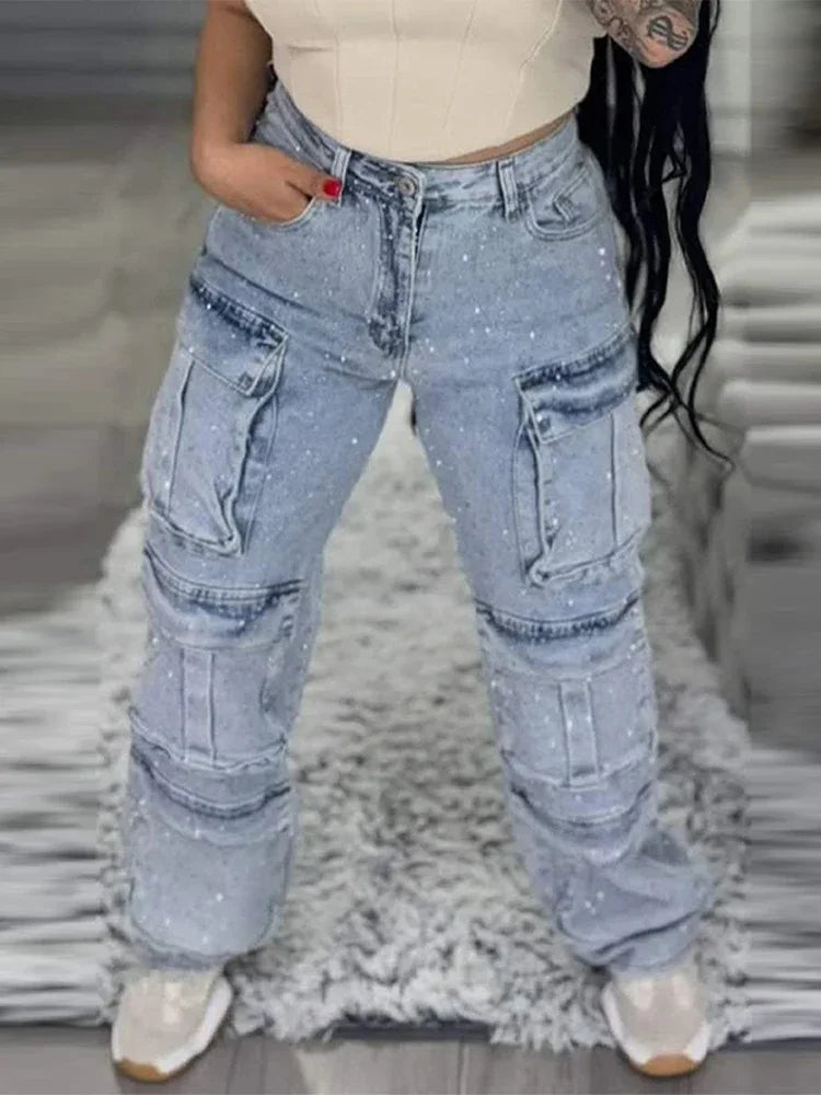 Cpsymym jeans de trabalho feminino com broca brilhante chique vários bolsos botão de cintura alta feminino jean primavera verão y2k senhora streetwear