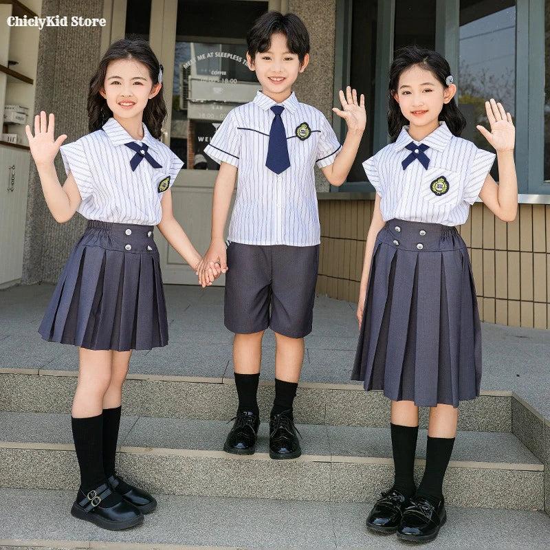 Meninas coreano japonês preppy listrado blusa saias meninos camisas shorts crianças conjuntos de roupas verão estudantes uniformes escolares