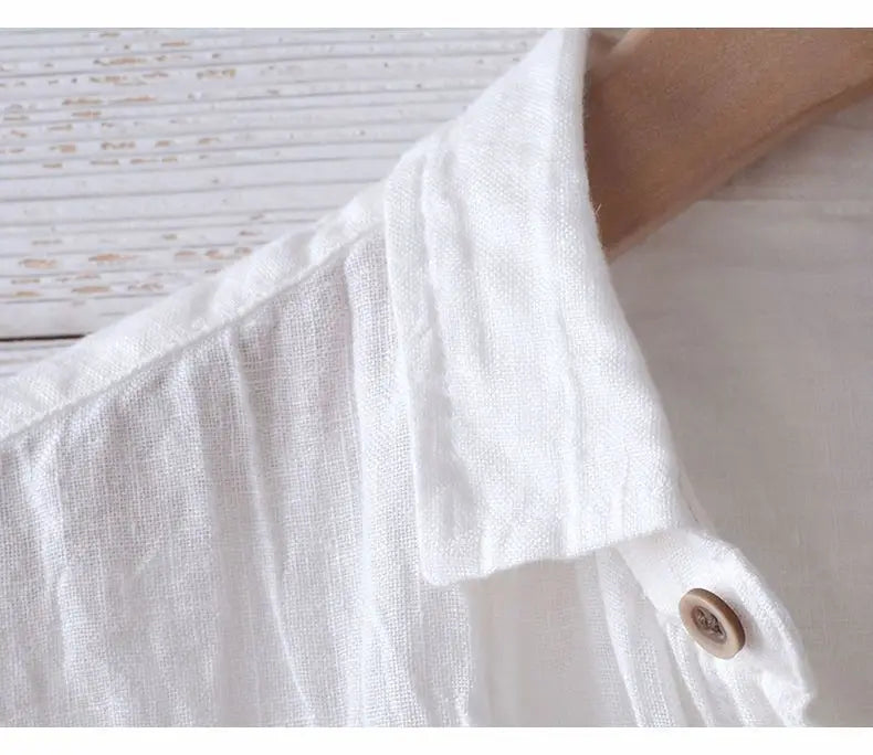 Camisa de Linho de Manga Curta para Homens, Camisa Casual Solta e Fresca de Verão em Cores Sólidas, Estilo Retro Japonês