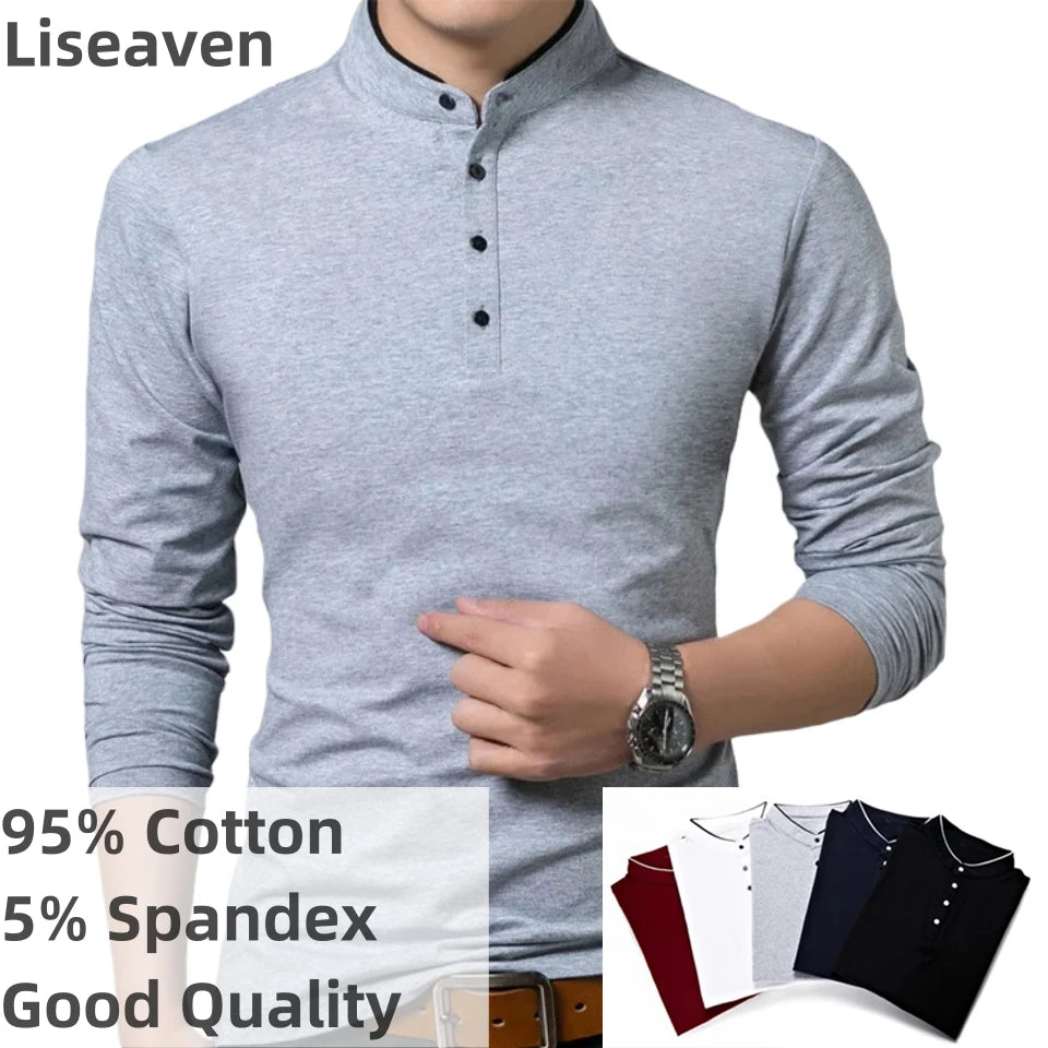 T-shirt monocromática de algodão manga completa para homens, tops longos e camisetas, gola mandarim