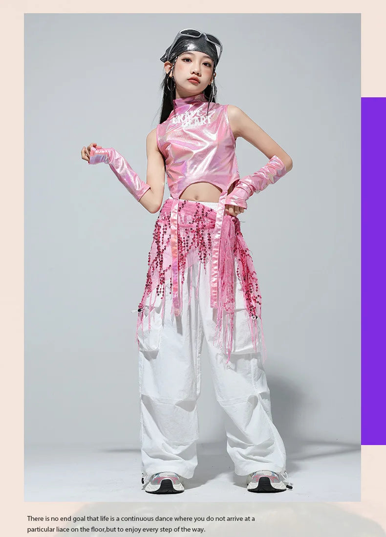 Meninas k-pop brilhante colheita superior calças de carga shorts de dança de rua crianças hip hop jazz conjuntos de roupas crianças streetwear menina grupo traje